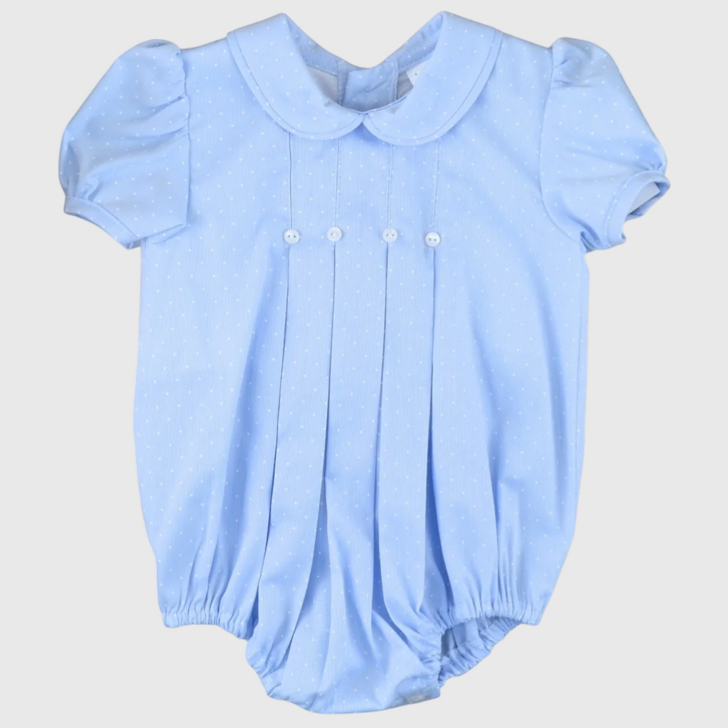 Miniloo light blue baby romper with white polka dots, Peter Pan collar, puff sleeves, and pintuck details.